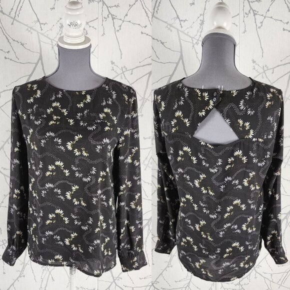 LOFT Black Floral Printed Cutout Back Blouse - Picture 1 of 3